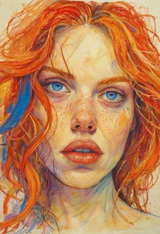 Close-up portrait of a woman with vivid red hair, bright blue eyes, and freckles, created with mixed media including crayon, colored pencil, and color pen.