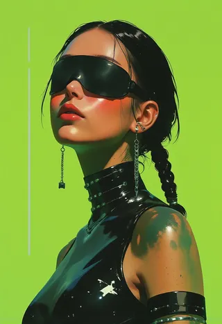 Hyper realistic portrait of a futuristic East Asian woman wearing a matte black eyepatch and glossy black latex sleeveless top against a fluorescent green background, with sleek braided hair and chrome accessories.