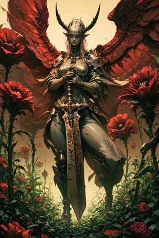 A dark fantasy angelic female warrior stands in a meadow with blood red wings, wearing skeletal armor and holding a gigantic corroded sword, surrounded by towering crimson flowers.