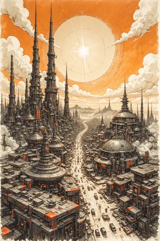 Advanced sci-fi cityscape painted with ink and watercolor washes on rice paper, featuring towering futuristic buildings in sepia and burnt henna tones under a bright clear sky.