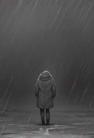 A solitary girl wearing a jacket standing in heavy rain in a moody greyscale scene