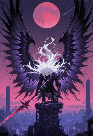 A white-haired armored warrior with large black wings kneeling on a ruined skyscraper, holding a red-bladed polearm beneath a glowing red moon and purple starry sky over a futuristic cityscape.