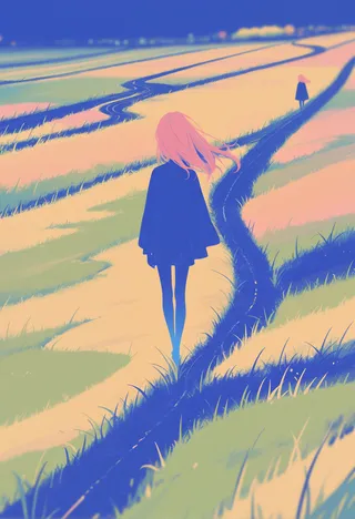 A surreal image of a pink-haired girl with blue skin walking along a winding path through a colorful, minimalistic field with depth of field effect.