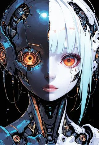 Close-up portrait of an android with a split cyberpunk-themed face, one side mechanical dark blue, the other white with pale skin and orange eyes.