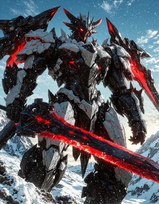 Photorealistic close-up of an immense heavily armored humanoid mecha standing on snow-covered rugged mountains, featuring matte black and dark grey overlapping angular plates with red glowing energy lines, sharp edges, and a massive black and red futuristic greatsword against a bright blue sky with sparse clouds.