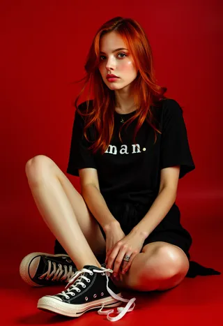 A young red-haired woman seated cross-legged on a red floor with a vivid red background, wearing a black t-shirt that says 'man.', black shorts, and black high-top sneakers with white laces.