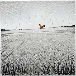 Sketch of a red fox walking from side view in a wide plain under heavy rain with thunder, done in high contrast black and white traditional media with detailed crosshatching and halftone effect.