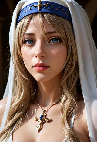 Zbliżenie szczegółowego portretu Sword Maiden z Goblin Slayer z blond włosami, niebieskimi oczami, niebieską ozdobną opaską i złotym naszyjnikiem z krzyżem, noszącej biały welon.