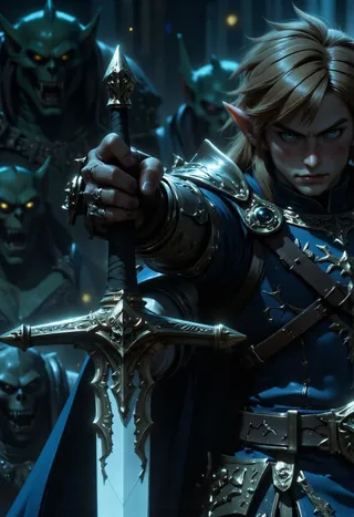 Close-up of Link holding the Master Sword with a determined expression, surrounded by menacing goblins in a foggy, dimly lit battlefield.