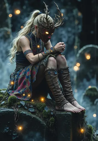 A seated demon-elf girl with glowing antler mask, long blonde hair, and ornate fantasy attire, perched on a moss-covered gravestone surrounded by ethereal forest lights and fog.