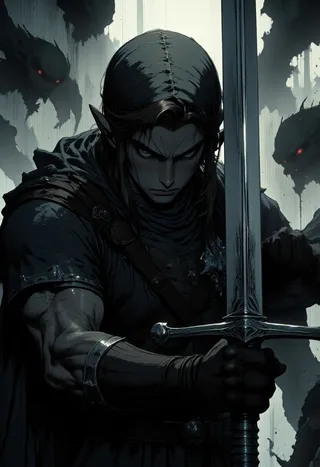 Monochrome manga-style cinematic close-up of Link gripping the Master Sword, surrounded by shadowy goblins in a foggy, dark battlefield.