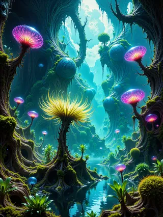 A surreal alien swamp with glowing, bioluminescent plants and fungi illuminating a mysterious, fractal-like wetland under a vibrant blue sky.