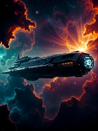Highly detailed digital artwork of a massive futuristic spaceship with a dark metallic exterior and open hangar bay illuminated by an energy shield, floating in a colorful nebula of swirling gas and dust with bright stars.