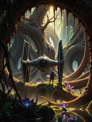 A hyperrealistic digital painting of a black and grey imperial TIE fighter landed on a mossy patch in a dense alien swamp surrounded by glowing bioluminescent plants, with a solitary pilot standing nearby amid twisted organic forms and dim, cinematic light.