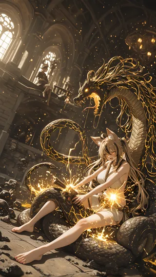 Anime girl with fox ears and long two-tone hair dressed in Greek-style attire, sitting barefoot on a giant serpent coiled on a stone floor inside a cathedral-like hall, surrounded by glowing magical aura and sparks.
