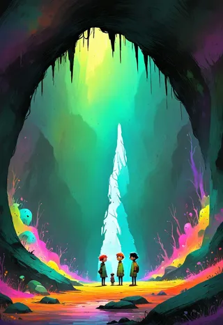 Magical cave entrance in a deep forest with vibrant glowing rainbow inside and three friends standing near colorful vegetation.