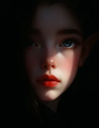 Close-up portrait of a tween elf girl with icy blue eyes, porcelain skin, glossy red lips, captured in dramatic chiaroscuro lighting with a dark background.