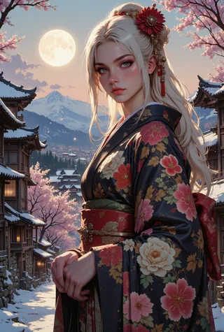 Close-up digital artwork of a female geisha with blonde hair and blue eyes wearing a floral kimono, standing in a snowy ancient Japanese town with cherry blossoms and a castle at twilight.