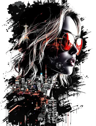 Doppelbelichtung Silhouettenkunst mit Nahaufnahme eines Profils einer japanischen Frau mit blonden Haaren und verspiegelten Aviator-Sonnenbrillen, überlagert mit einer Stadtansicht von Osaka im Inksplash-Stil und dunklem Hintergrund.