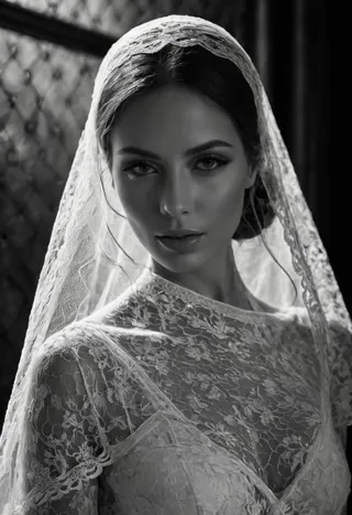 Black and white close-up portrait of a woman with a seductive look, her face and body covered by a transparent lace veil with intricate floral patterns, enhanced by dramatic light and shadow effects.