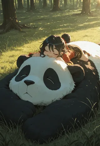 Anime-style illustration of a smiling Chinese girl in a red qipao laying relaxed on the belly of a giant panda in a sunlit forest with grass and trees.