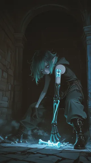 A pale-skinned elf with short black hair and glowing blue eyes crouches in a dark dungeon, casting frost magic with a glowing bone prosthetic arm under dramatic sidelighting.