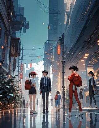 Anime-style city street scene featuring multiple girls wearing backpacks and urban fashion, standing and walking under evening lights with reflections on the ground.