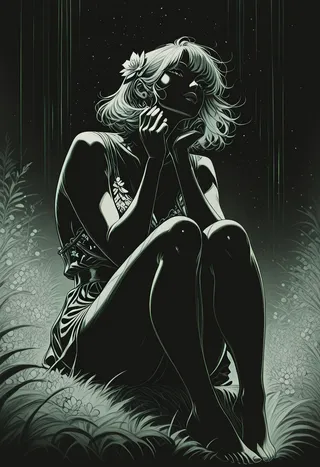 Monochrome intricate line-art of a seated woman with floral patterns, styled in a psychedelic, bohemian manner inspired by Adam Hughes.