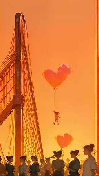 Silhouetted girls with double buns in a crowd by a ferris wheel under an orange sunset sky, with one girl flying holding a heart-shaped balloon.