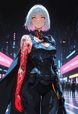 A cyberpunk woman with short white hair and glowing red cybernetic arm, wearing advanced techwear with an asymmetric black cape, standing in a neon-lit futuristic city at night.