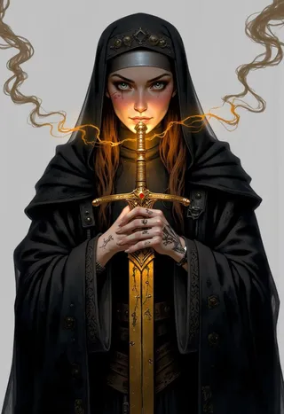 A fierce warrior nun clad in a dark cloak holds a glowing golden sword with both hands, smoke swirling around her and tattoos visible on her hands and face.