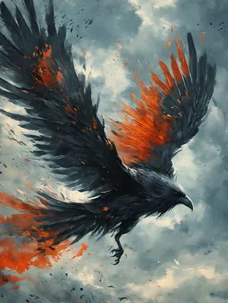 A dark crow with wings spread wide, black feathers with fiery orange highlights, flying against a cloudy sky.