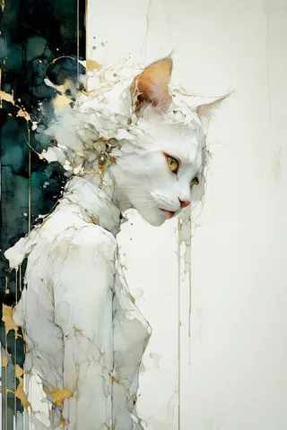 Surreal digital painting of an anthropomorphic white cat with yellow eyes, intricate golden accents, and an abstract background blending into the feline figure.