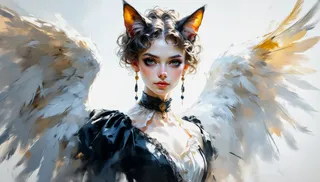 Digital artwork of a fantasy girl with angel wings and cat ears, curly hair, wearing a black dress and golden earrings.