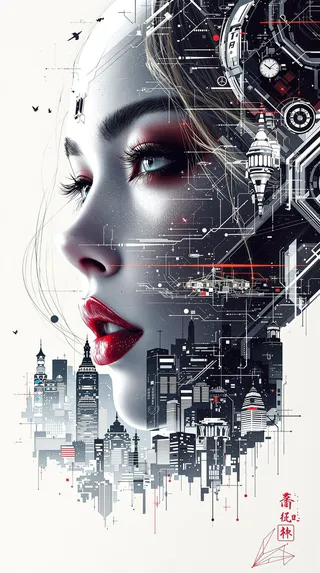 Photorealistic portrait of a stunning Japanese female robot with a ceramic humanoid faceplate and blonde hair, integrated with a detailed sci-fi cityscape in double exposure style.