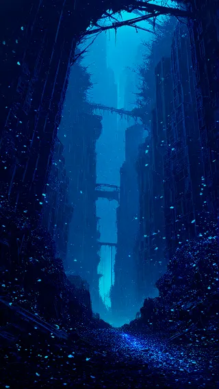 Glowing post-apocalypse ruins in a deep blue forest with floating petals and foggy atmosphere.