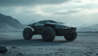A futuristic military vehicle with large off-road tires and angular design stands on a desolate, rocky terrain under a cloudy sky with distant mountains.