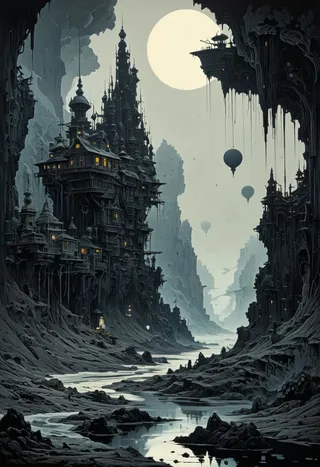 A dark, haunting otherworldly landscape with towering, intricate buildings carved into cliffs, under a large pale moon, with hot air balloons floating in mist and water reflecting the scene.
