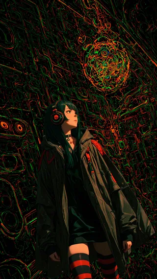 A cyberpunk-style girl with long dark hair wearing headphones, a choker, a hooded jacket with the hood down, and red-and-black striped thighhighs, standing against a complex futuristic neon backdrop with dynamic lighting and chromatic aberration effects.