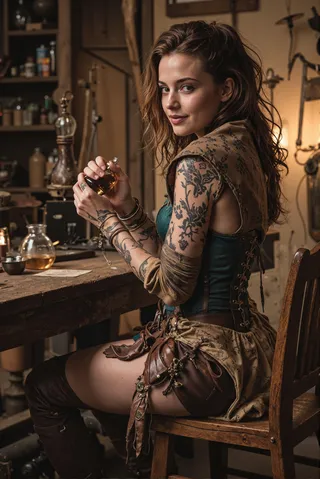 Young female alchemist in a vintage alchemy workshop wearing a teal leather corset with constellation glyphs, showing detailed arcane tattoos while holding a potion vial.