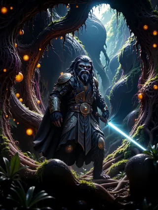 A hyperrealistic Wookiee Jedi stands wielding a glowing lightsaber in a dense alien forest with glowing plants and dramatic cinematic lighting.
