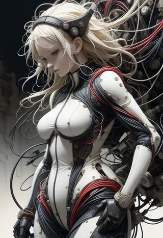 A female cyborg with pale skin and flowing blonde hair, wearing a tight futuristic suit blending mechanical and organic elements with red cables and a dark mechanical background, in a surreal atmosphere.