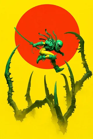 A figure in green and yellow armored suit with mechanical details leaps holding a sword toward large claw-like appendages on a bright yellow background with a large red circle.