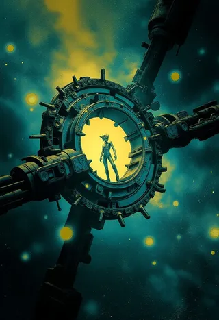 A cosmic woman standing inside a circular mechanical spaceship portal set against an outer space background with teal and yellow glowing orbs, creating a surreal and cyberpunk atmosphere.