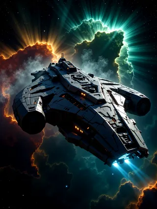 Highly detailed futuristic spaceship with mechanical components, flying in vibrant colorful nebula with glowing energy shield and glowing thrusters in deep space