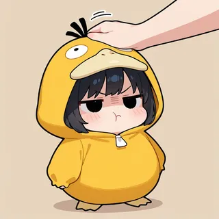 A chibi-style girl with short black hair and black eyes wearing a yellow Psyduck hood pajama looks angrily while being gently patted on the head against a plain background.