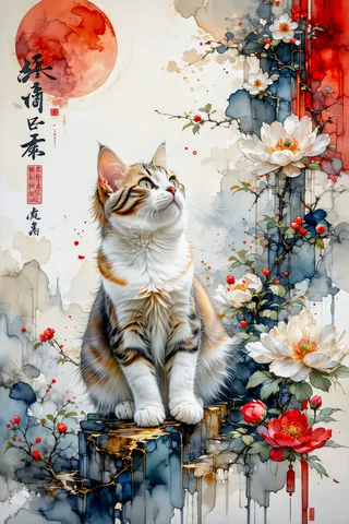 Calico cat sitting gracefully amid watercolor-style oriental flowers and red moon, blending traditional Asian art with modern digital techniques.