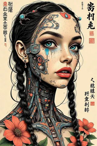 Close-up portrait of a cybernetic girl with blue eyes, intricate mechanical neck and face tattoos, braided hair, and surrounded by flowers, rendered in Ukiyo-e style with kanji text.