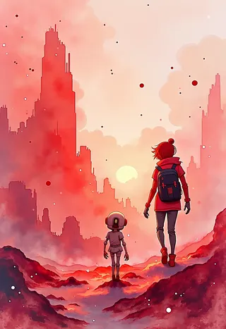 A post-apocalyptic scene with a wanderer and robotic friend walking through a crimson-hued landscape, rendered in watercolor with a pointillist style.