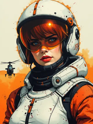 Closeup portrait of a ginger female sci-fi soldier wearing a white power armour and helmet with an orange tinted visor, set against a desert backdrop with a futuristic helicopter.